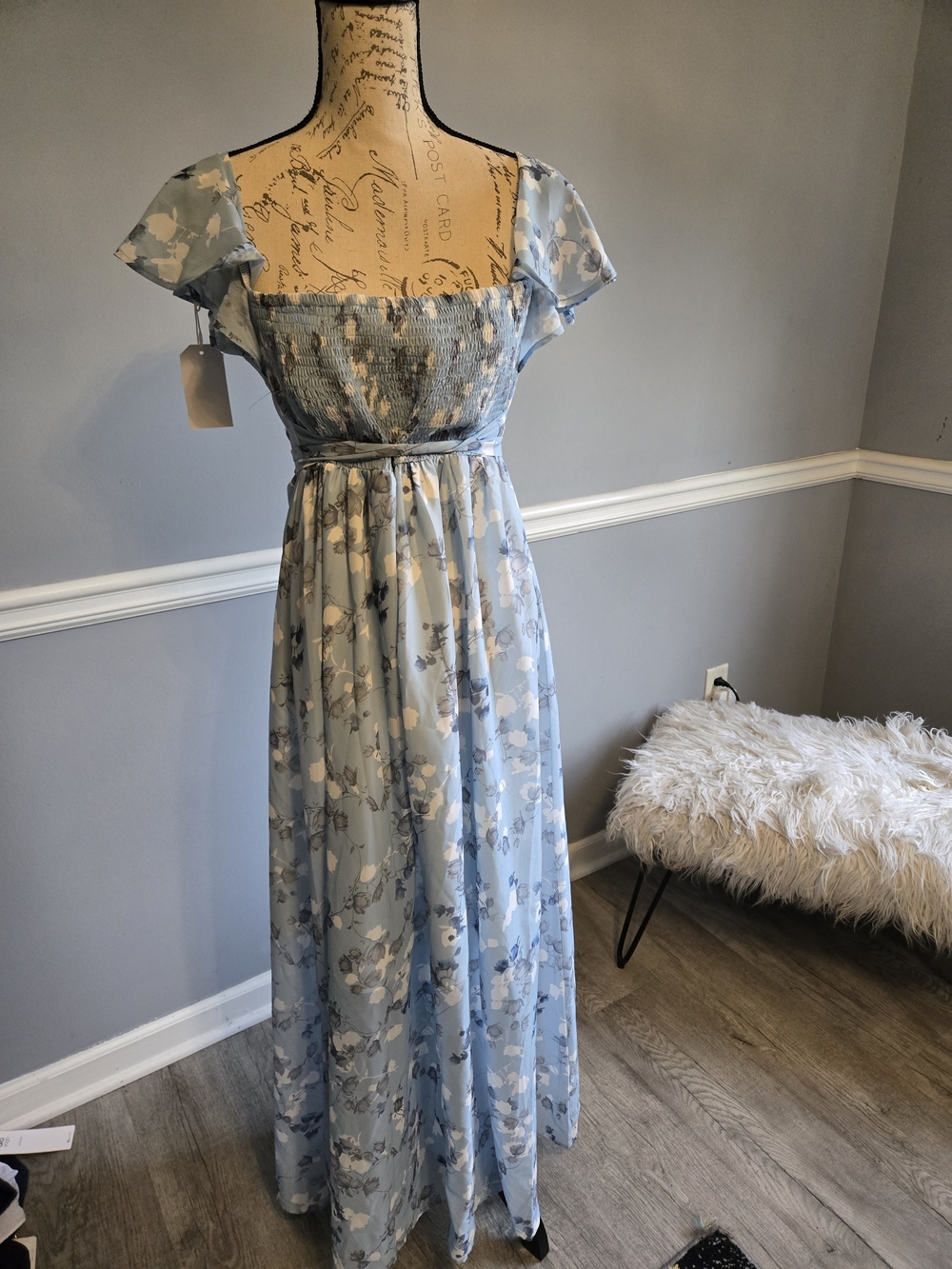 Light Blue Floral Square-Neck Maxi Dress